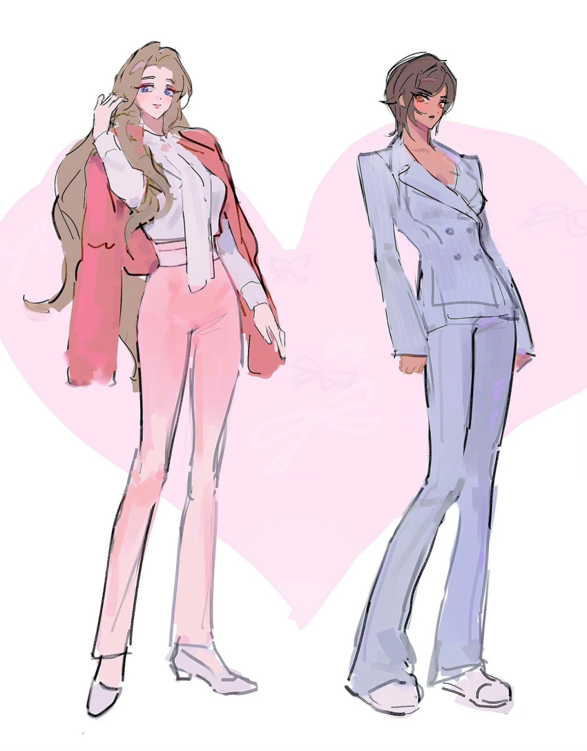 2girls, blue_jacket, blue_pants, brown_eyes, brown_hair, buttons, dark-skinned_female, dark_skin