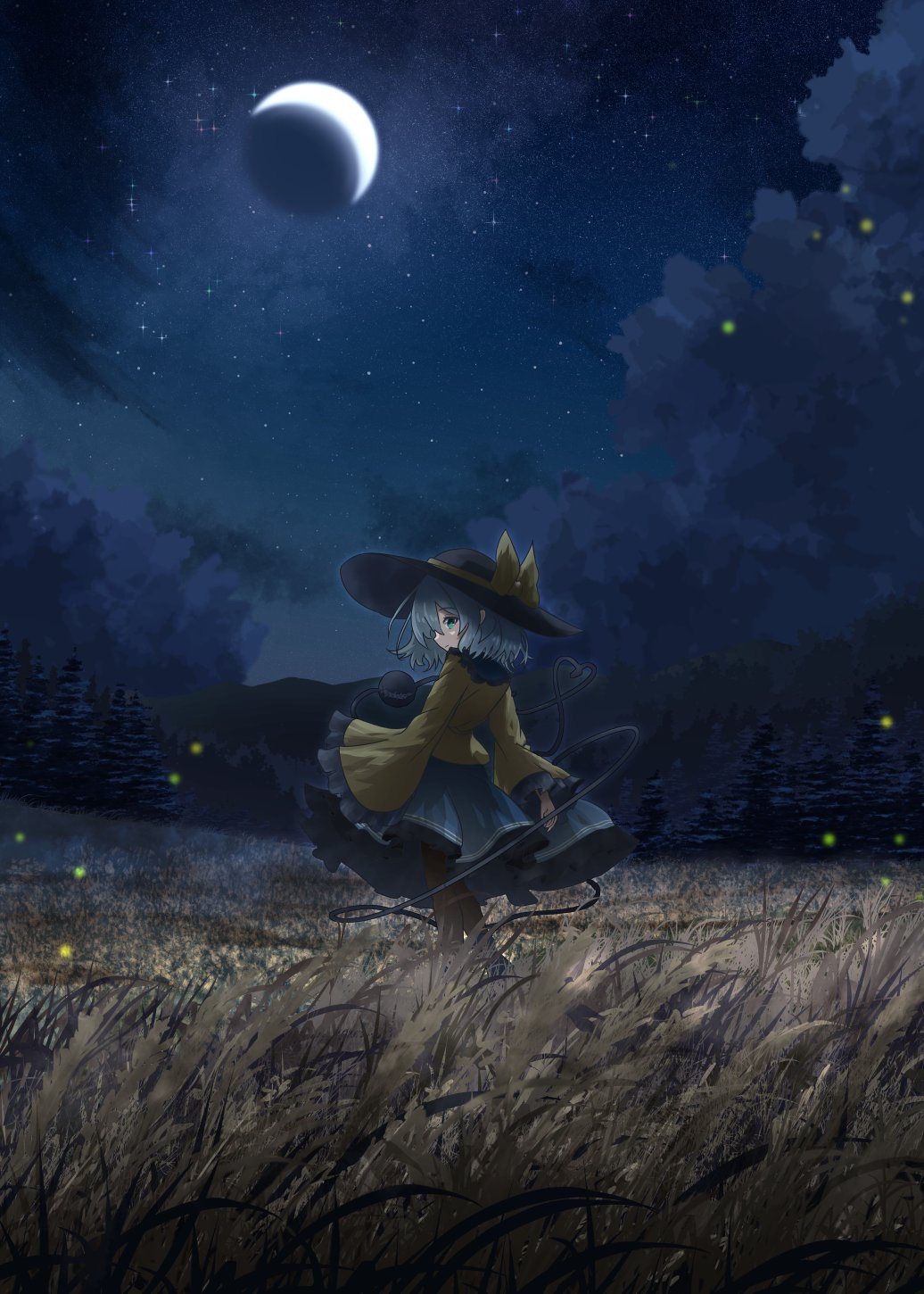 1girl, black_hat, bow, closed_mouth, clouds, commentary, crescent, fireflies
