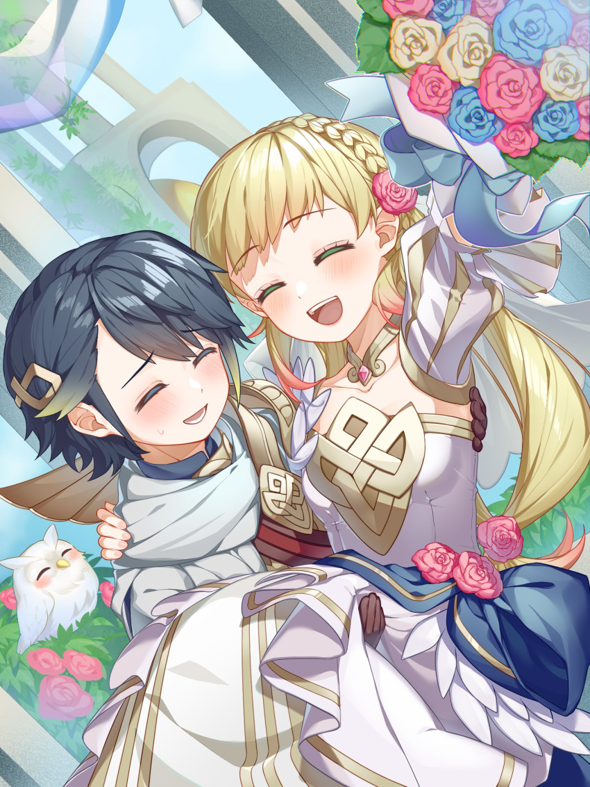 1boy, 2girls, alfonse_(fire_emblem), bird, blonde_hair, blue_hair, bouquet, braid, carrying, closed_eyes, crown_braid, dark_blue_hair, feh_(fire_emblem_heroes), fire_emblem, fire_emblem_heroes, gradient_hair, highres, holding, holding_bouquet, multicolored_hair, multiple_girls, owl, pink_hair, princess_carry, sharena_(bride)_(fire_emblem), sharena_(fire_emblem), tsukimidango