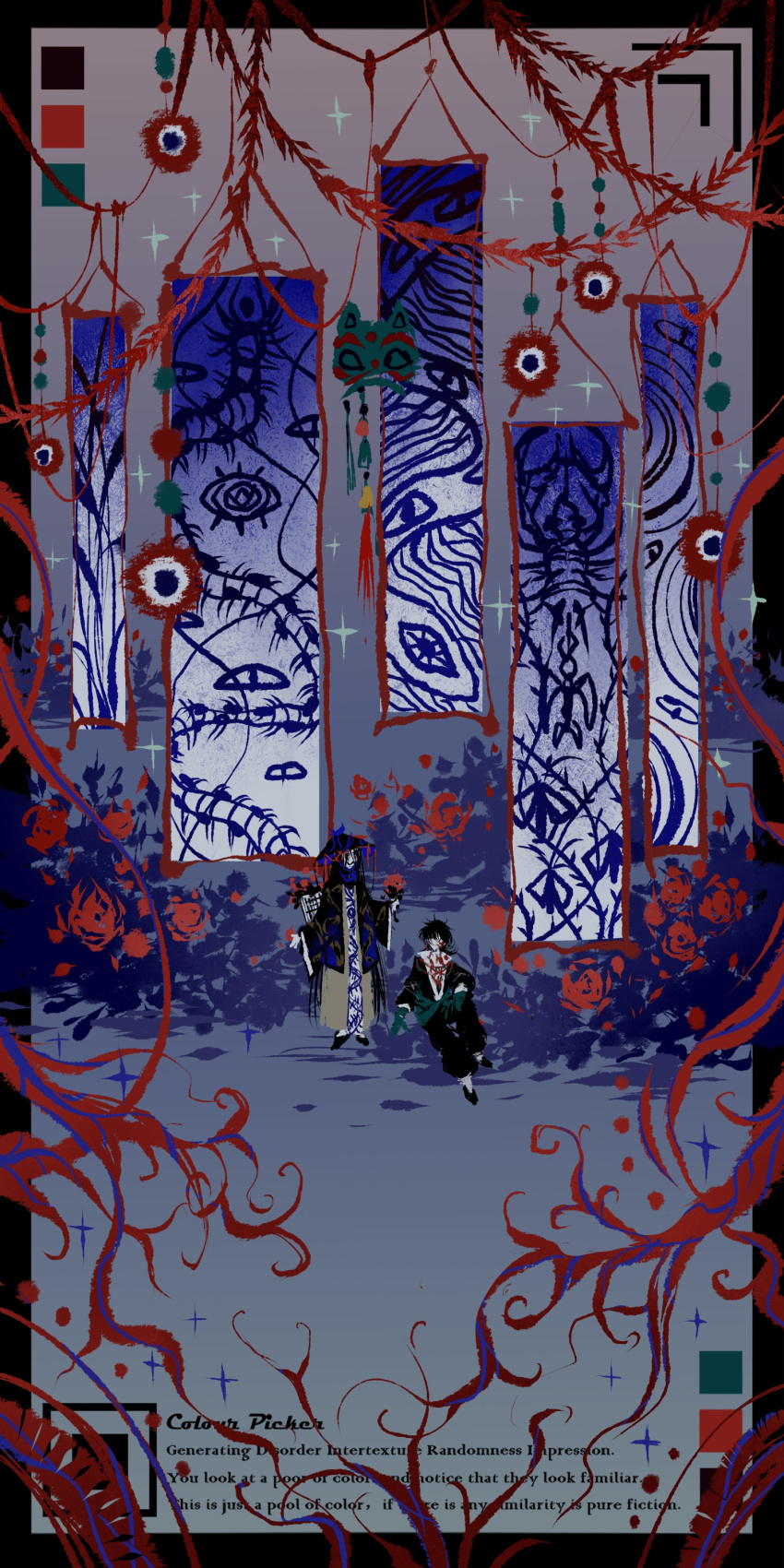2boys, absurdres, artist_request, black_border, black_footwear, black_hair, black_hat, black_jacket