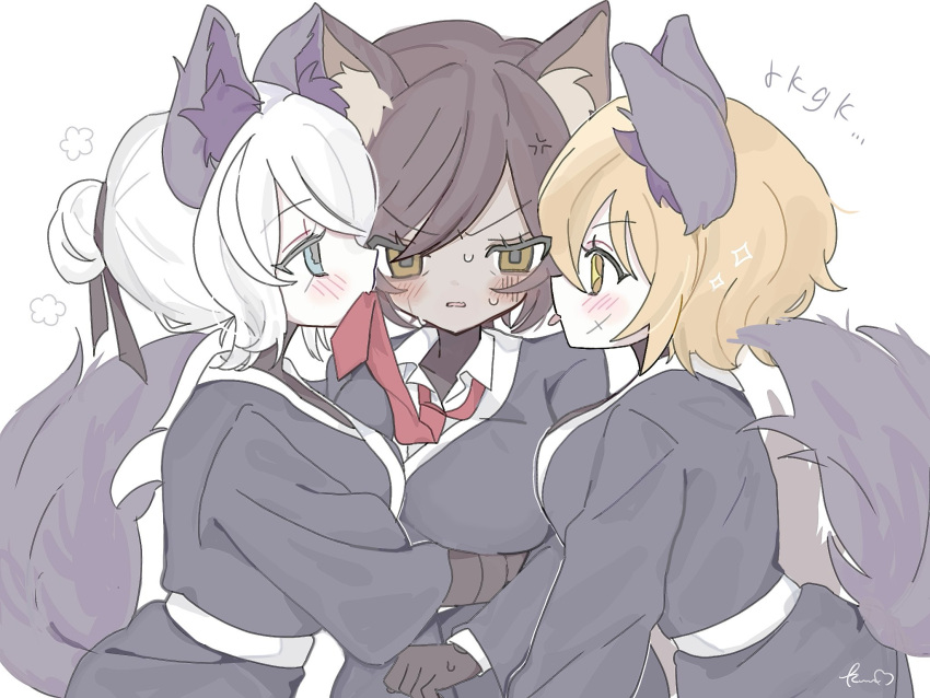 3girls, 9_wapuwapu, animal_ears, black_coat, black_undershirt, blade_lineage_(identity)_(project_moon), blush, breasts