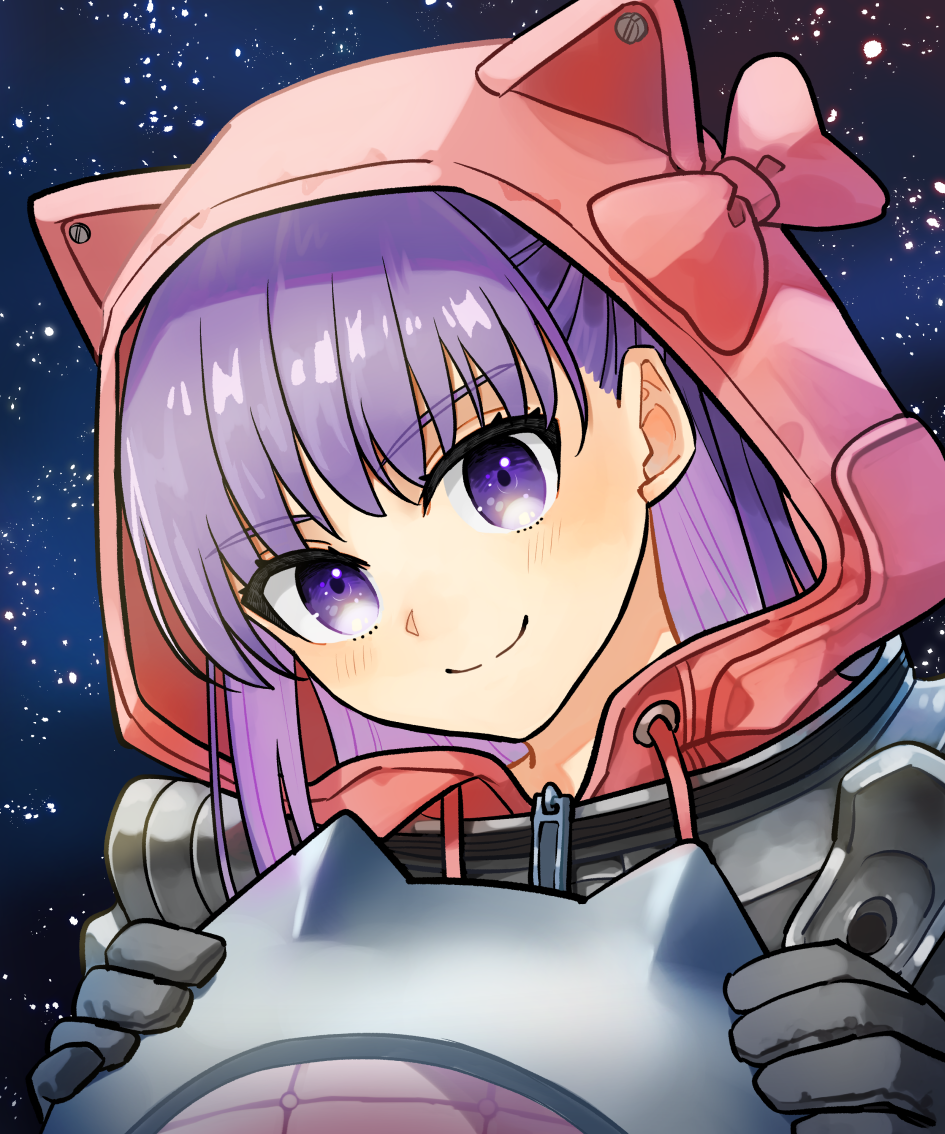 1girl, bb_(fate), bb_cosmo_(fate), black_gloves, blush, closed_mouth, commentary_request, fate/grand_order, fate_(series), gloves, head_tilt, helmet, holding, holding_helmet, long_hair, looking_at_viewer, no_headwear, purple_hair, ryokuma_2, smile, solo, space, space_helmet, spacesuit, star_(sky), violet_eyes