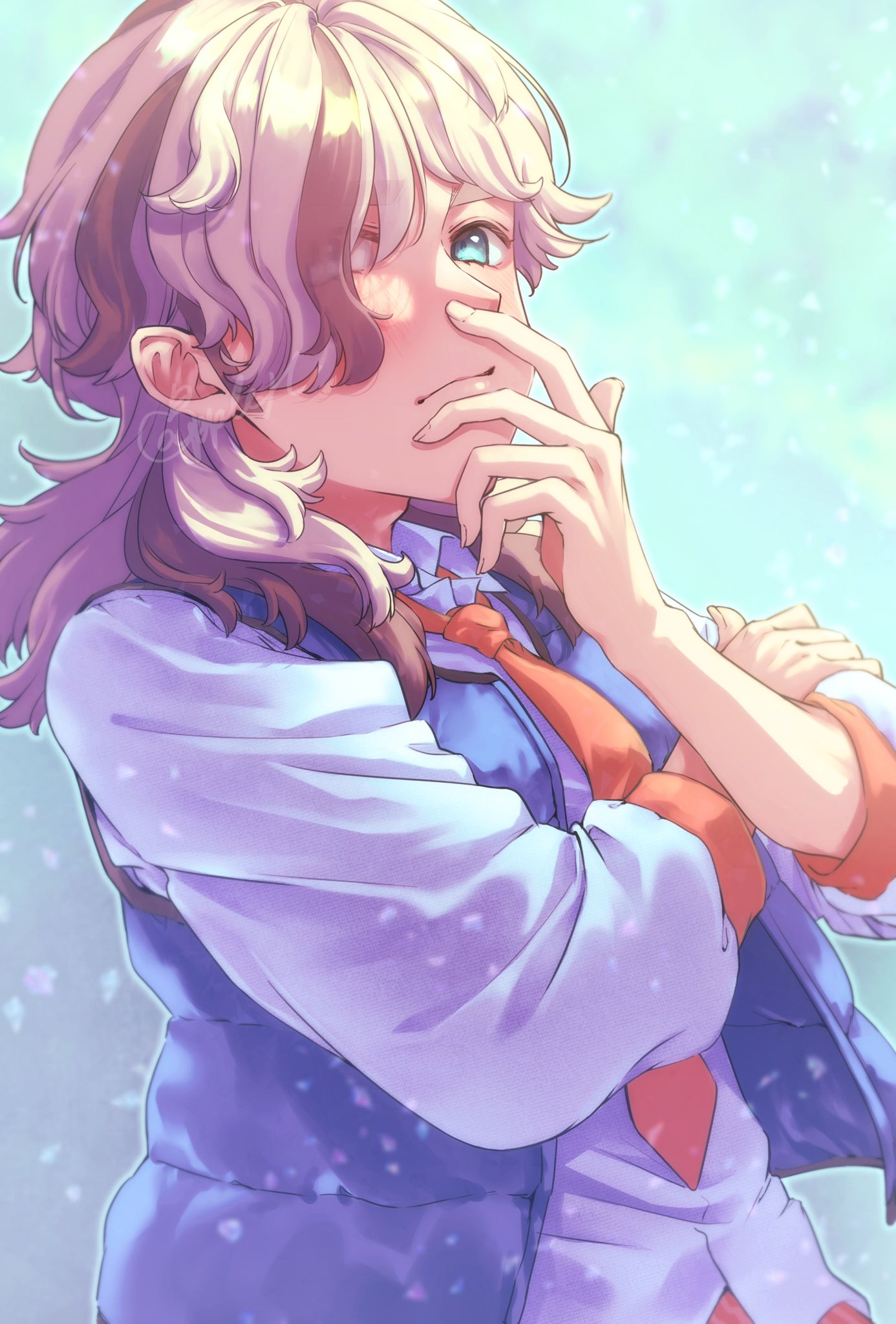 1boy, arm_up, arven_(pokemon), blue_background, blue_eyes, blue_vest, closed_mouth, collared_shirt