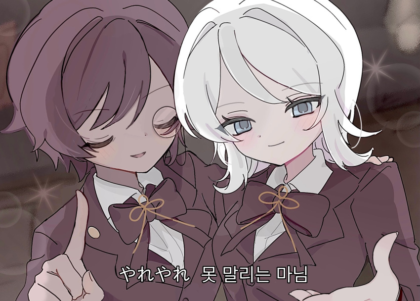 2girls, 9_wapuwapu, asmrz, blue_eyes, bow, bowtie, brown_bow, brown_bowtie