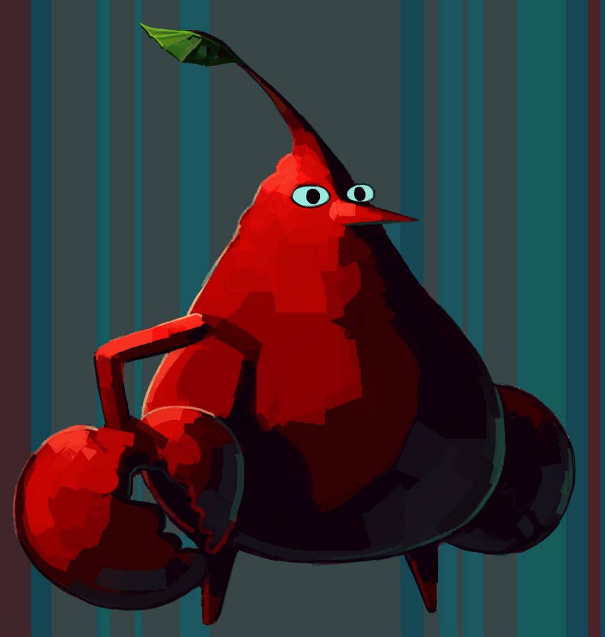 black_eyes, colored_skin, commentary, crab_claw, full_body, fusion, ixurcafe, leaf, leaf_on_head, mr._krabs, no_mouth, pikmin_(creature), pikmin_(series), pointy_nose, red_pikmin, red_skin, solo, spongebob_squarepants_(series)