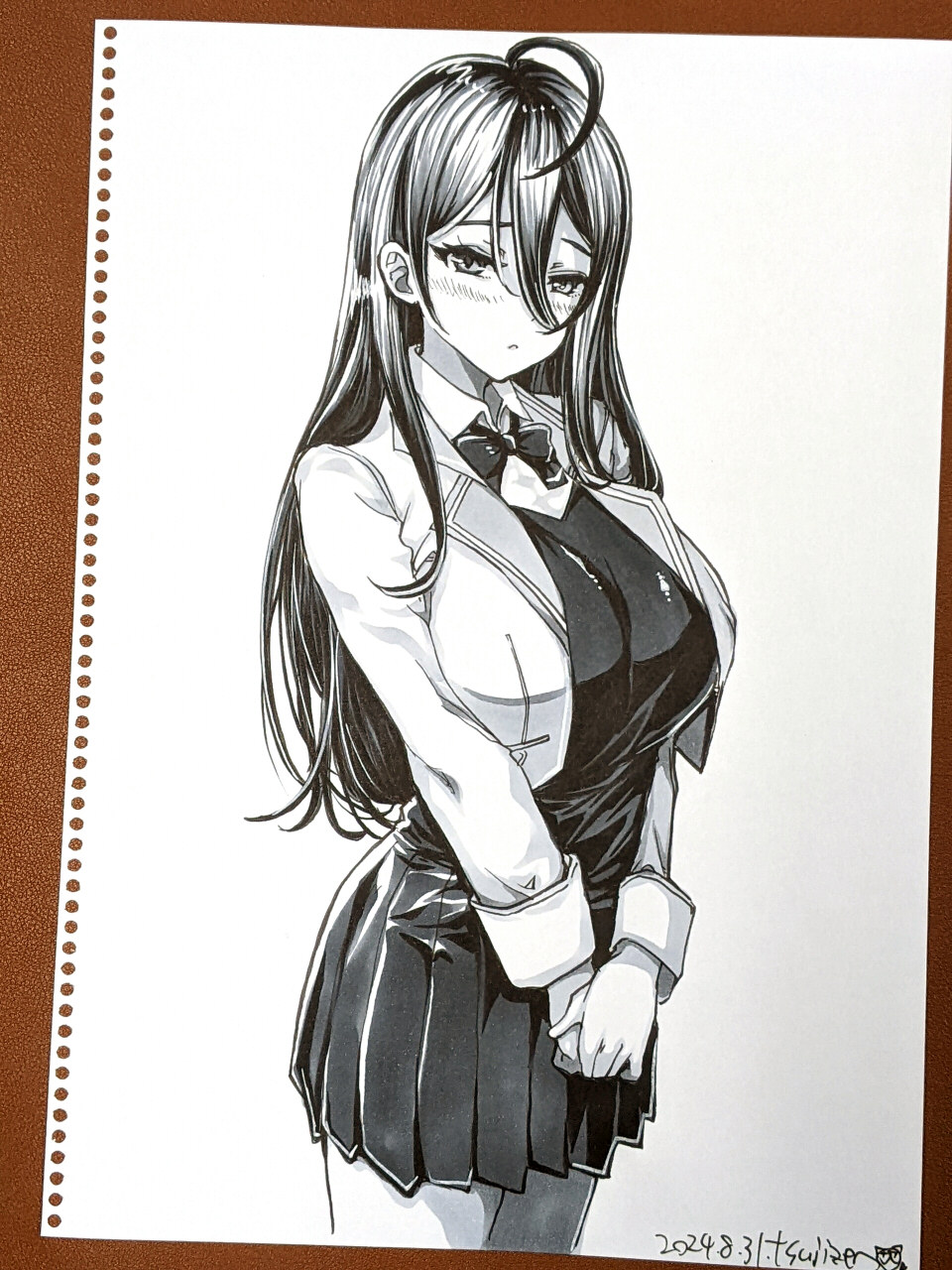 1girl, blush, bow, bowtie, breasts, dated, greyscale, hair_ornament