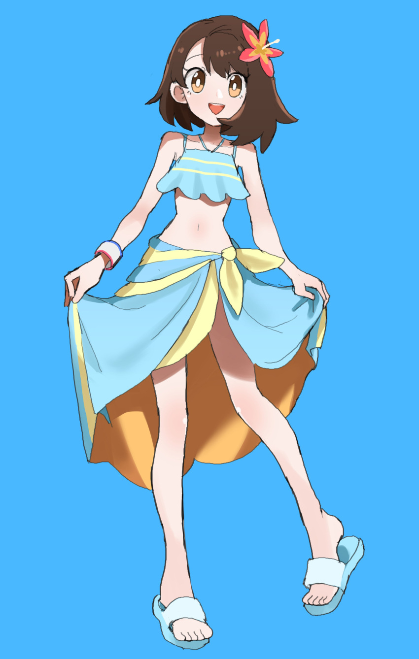 1girl, :d, absurdres, baeming, bare_shoulders, bikini, blue_background, blue_bikini