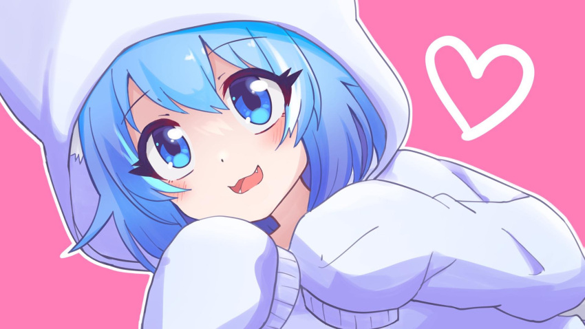 1girl, baggy_clothes, blue_eyes, blue_hair, border, dot_nose, english_commentary, fang