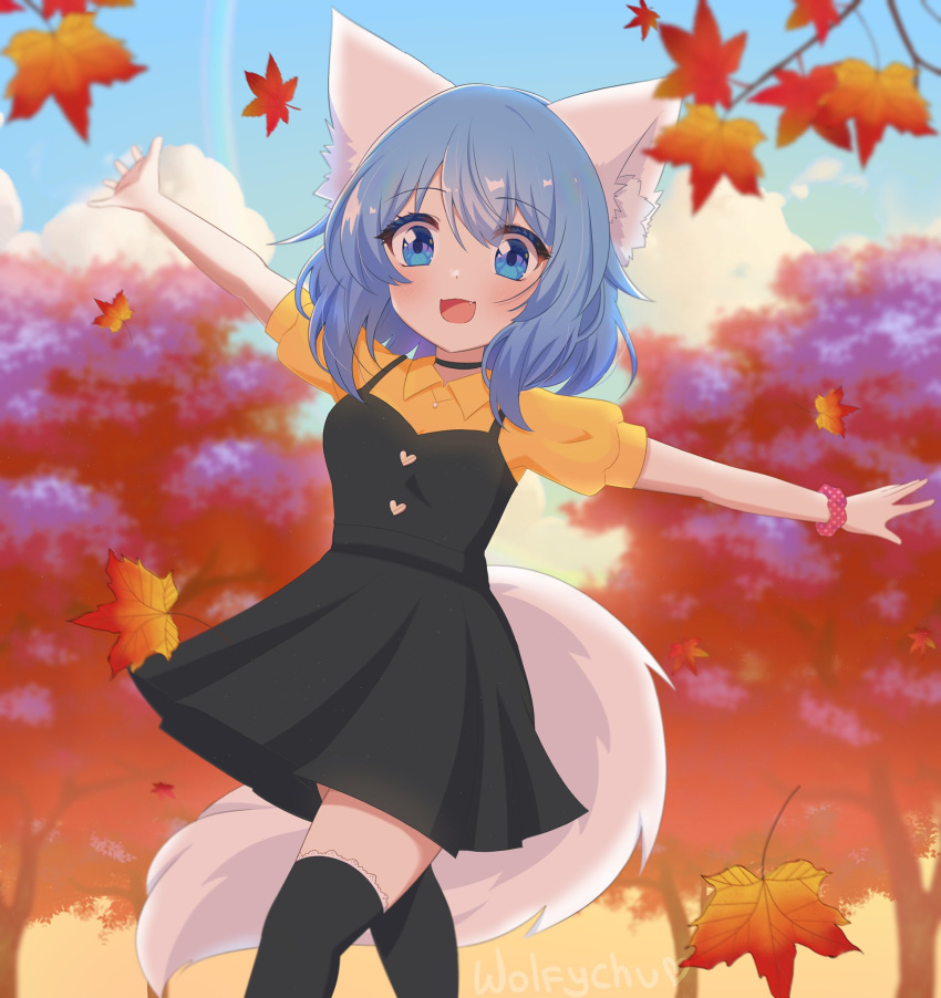 1girl, animal_ear_fluff, animal_ears, autumn, autumn_leaves, black_dress, blue_hair, bracelet