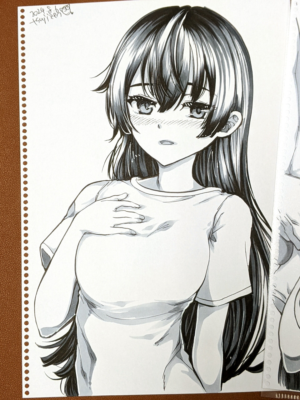 1girl, blush, breasts, dated, eyebrows_hidden_by_hair, full-face_blush, greyscale, hair_between_eyes