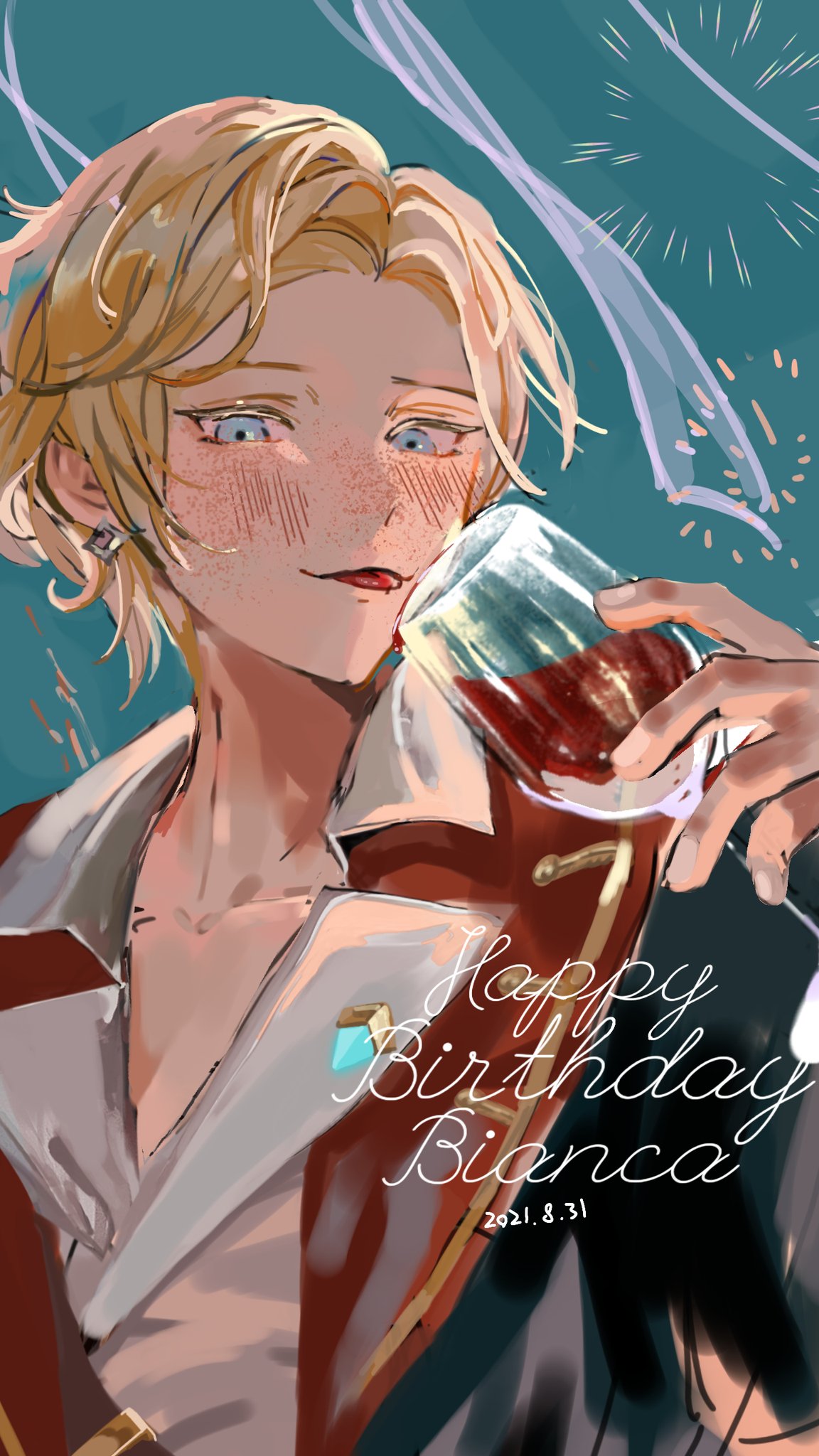 1girl, artist_name, bianca_devicci, bianca_devicci_(water), black_jacket, blonde_hair, blue_background, blue_eyes