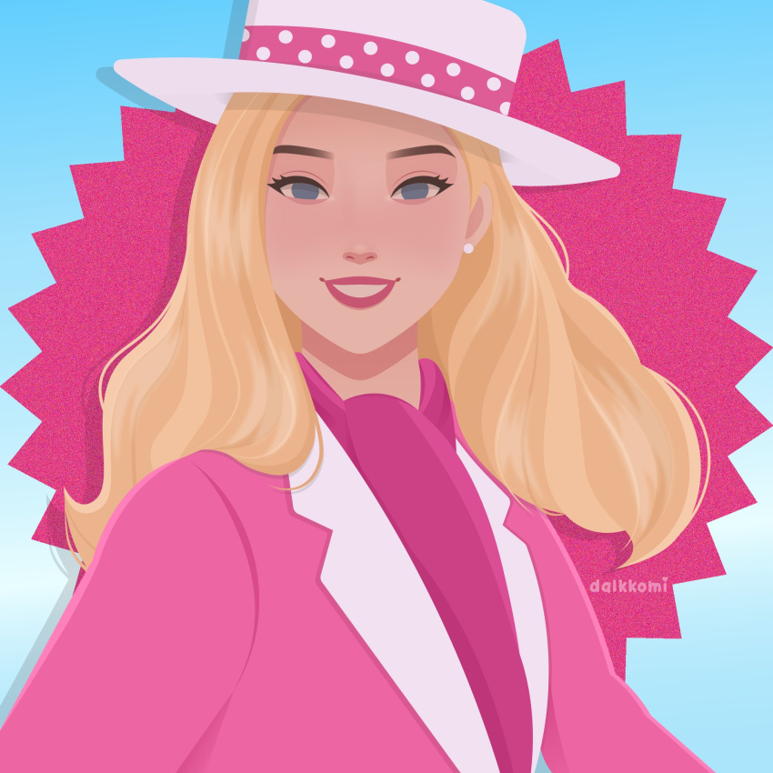 1girl, album_cover, album_cover_redraw, artist_name, ascot, barbie_(character), barbie_(franchise), barbie_(live_action)