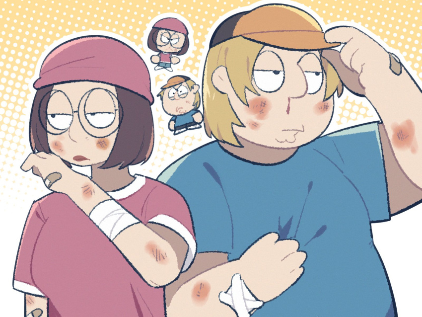 1boy, 1girl, bandaid, baseball_cap, blonde_hair, blood, blue_shirt, brother_and_sister