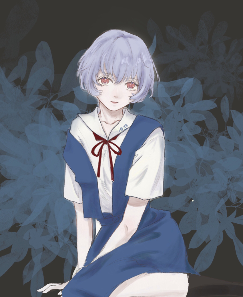 1girl, ayanami_rei, blue_hair, blue_skirt, guangsu_(wangshushushu), hair_between_eyes, highres, leaf, leaf_background, looking_at_viewer, neck_ribbon, neon_genesis_evangelion, off_shoulder, red_eyes, red_ribbon, ribbon, school_uniform, shirt, short_hair, simple_background, sitting, skirt, solo, straight-on, suspender_skirt, suspenders, tokyo-3_middle_school_uniform, white_shirt, yokozuwari