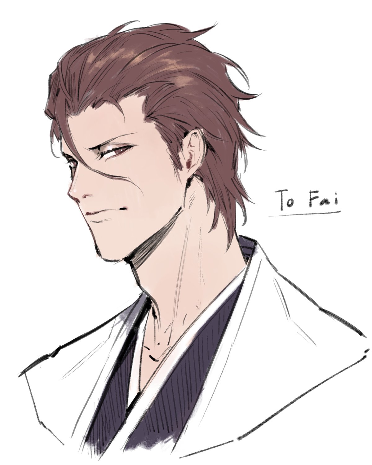 1boy, aizen_sousuke, black_kimono, bleach, brown_eyes, brown_hair, closed_mouth, commentary_request, cropped_torso, hair_between_eyes, hair_slicked_back, haori, highres, japanese_clothes, kimono, looking_at_viewer, male_focus, rami_rz, short_hair, simple_background, solo, thai_commentary, white_background