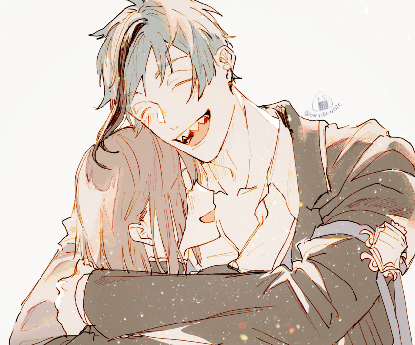 1boy, 1girl, bentouoic, brown_hair, closed_eyes, commentary_request, floyd_leech, hug
