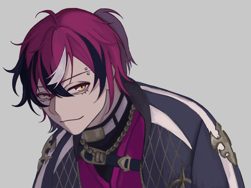 1boy, agg_agg, bags_under_eyes, belt, belt_collar, black_shirt, chest_belt, closed_mouth