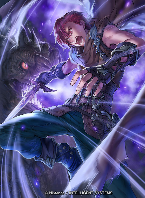 1boy, boots, company_name, dagger, dragon, fingerless_gloves, fire_emblem, fire_emblem:_mystery_of_the_emblem