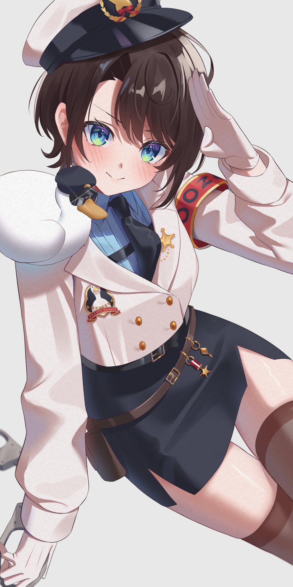 1girl, :>, animal_on_shoulder, arm_at_side, armband, belt, belt_buckle, belt_pouch