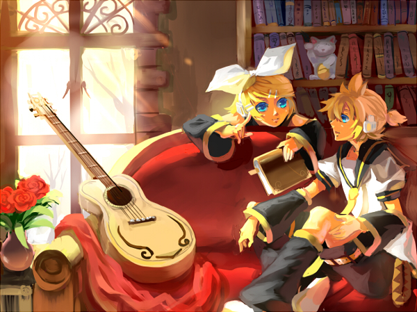 blonde_hair, blue_eyes, brother_and_sister, flower, guitar, instrument, kagamine_len, kagamine_rin, light_kiseki, siblings, sunbeam, twins, vase, vocaloid