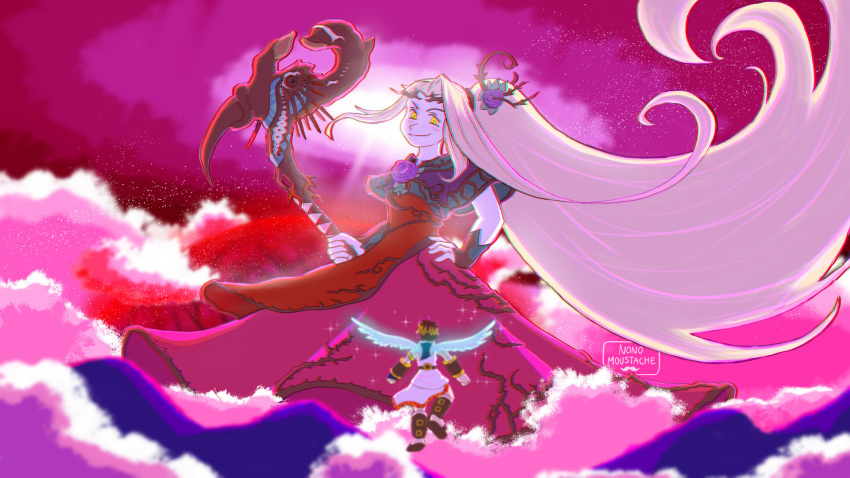 1boy, 1girl, angel, angel_wings, artist_logo, blonde_hair, dress, flower