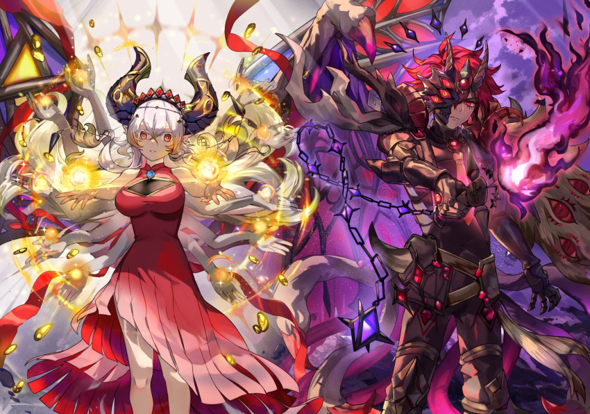 1boy, 1girl, aluber_(yu-gi-oh!), aluber_the_jester_of_despia, bare_shoulders, black_horns, black_mask, blazing_cartesia_the_virtuous