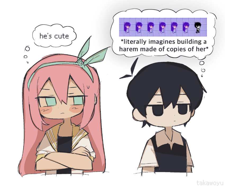 1boy, 1girl, antenna_hair, aubrey_(faraway)_(omori), aubrey_(headspace)_(omori), aubrey_(omori), black_eyes, black_hair