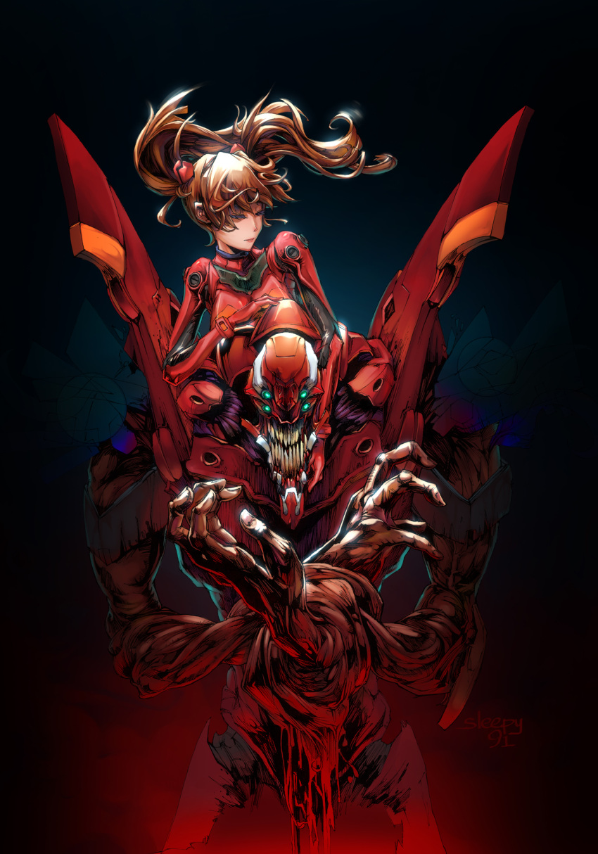 blue_eyes, closed_eyes, creepy, eva_02, evangelion:_2.0_you_can_(not)_advance, eyes_closed, grin, highres, long_hair, mecha, neon_genesis_evangelion, nightmare_fuel, orange_hair, plugsuit, rebuild_of_evangelion, sleepy91, smile, soryu_asuka_langley, souryuu_asuka_langley, twintails