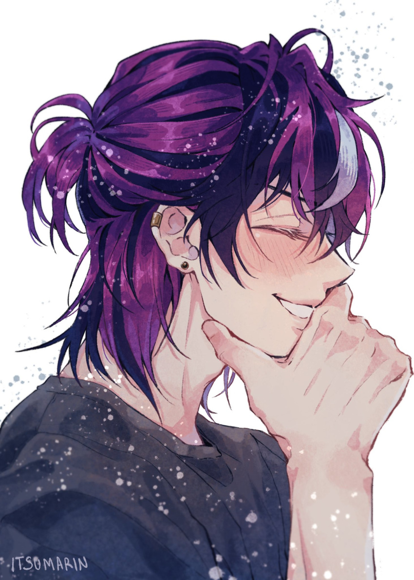 1boy, arm_up, black_shirt, blush, closed_eyes, commentary, doppio_dropscythe, ear_piercing