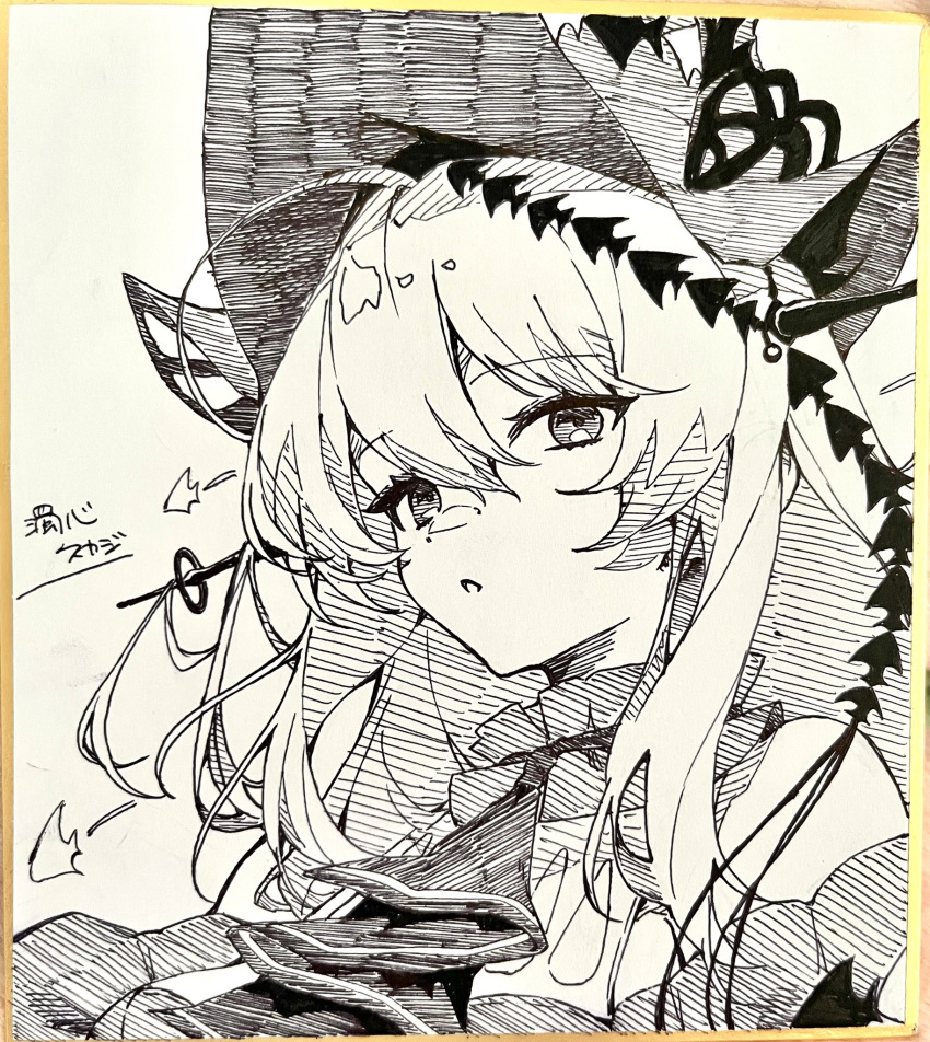 1girl, :o, arknights, ascot, bare_shoulders, character_name, commentary, gomago_magoma