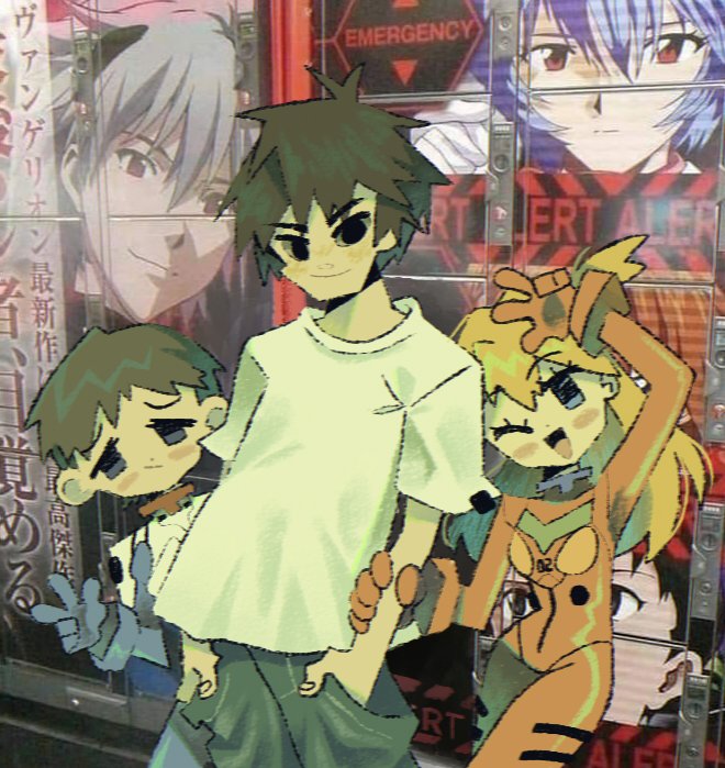 1girl, 2boys, ayanami_rei, black_eyes, black_hair, blue_eyes, blue_gloves, blush, bodysuit, denim, el_rubius, gloves, hair_behind_ear, hands_in_pockets, holding_another's_arm, ikari_shinji, jeans, leaning_back, leaning_to_the_side, long_hair, looking_at_viewer, multiple_boys, nagisa_kaworu, neon_genesis_evangelion, nervous, one_eye_closed, orange_hair, pants, photo-referenced, pilot_suit, plugsuit, real_life, red_bodysuit, red_gloves, shirt, smile, souryuu_asuka_langley, spanish_commentary, tomi_(t4p10c4_), two_side_up, v, white_shirt