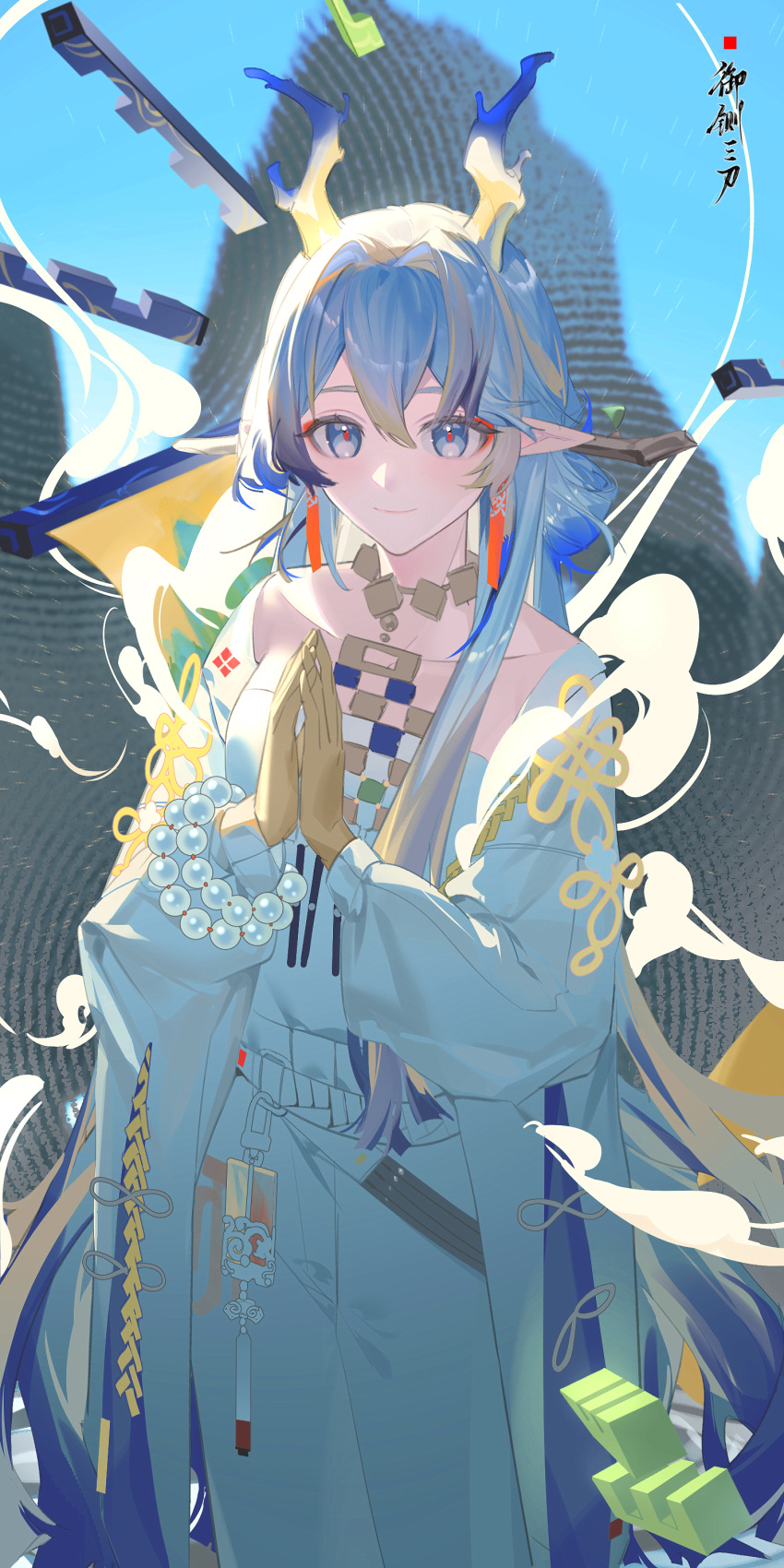 1girl, absurdres, arknights, bare_shoulders, beads, belt, blonde_hair, closed_mouth, colored_extremities, cowboy_shot, dragon_girl, dragon_horns, earrings, eyeliner, grey_eyes, grey_hair, hair_between_eyes, hair_intakes, hands_up, hashtag-only_commentary, highres, horns, jacket, jewelry, kuruma1892, long_hair, long_sleeves, looking_at_viewer, magic, makeup, multicolored_hair, necklace, off_shoulder, orange_eyeliner, orange_pupils, own_hands_together, pants, pointy_ears, praying, purple_hair, shu_(arknights), smile, solo, standing, strapless, tube_top, very_long_hair, white_belt, white_jacket, white_pants, white_tube_top