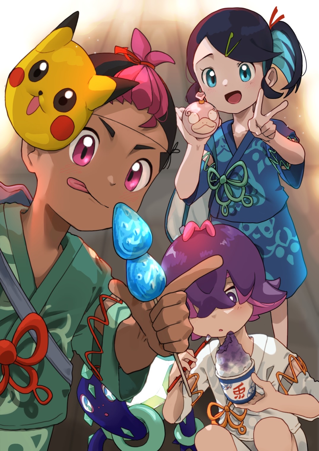 1boy, 2girls, :p, akari_(nwvxfd3d5jquplp), black_hair, candy, cup, dark_skin