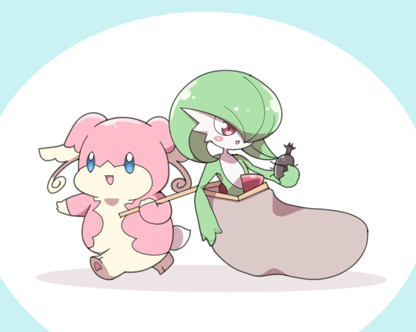 audino, beetle, blue_eyes, bug, butterfly_net, colored_skin, gardevoir, green_skin, hair_over_one_eye, hand_net, highres, in_net, maks_(makusu_210), multicolored_skin, open_mouth, pink_eyes, pink_skin, pokemon, pokemon_(creature), simple_background, smile, two-tone_background, two-tone_skin, white_skin