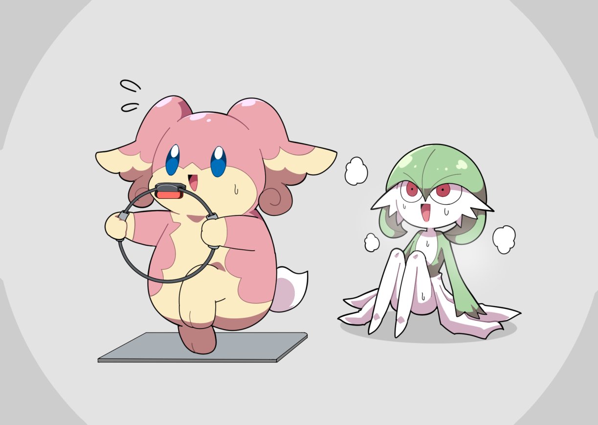 audino, blue_eyes, bob_cut, colored_skin, controller, dress, exercising, flying_sweatdrops