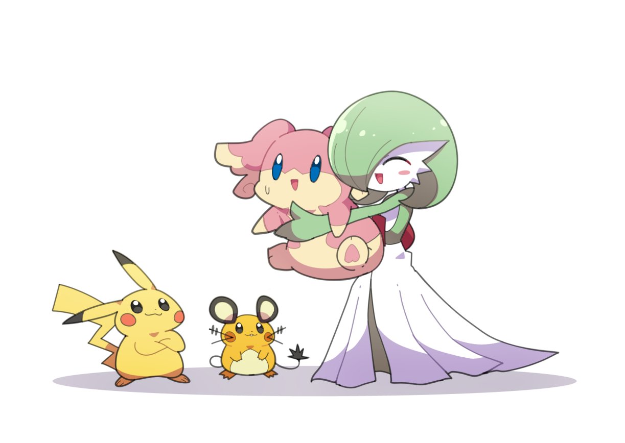 audino, black_eyes, blue_eyes, blush, bob_cut, closed_eyes, colored_skin, crossed_arms