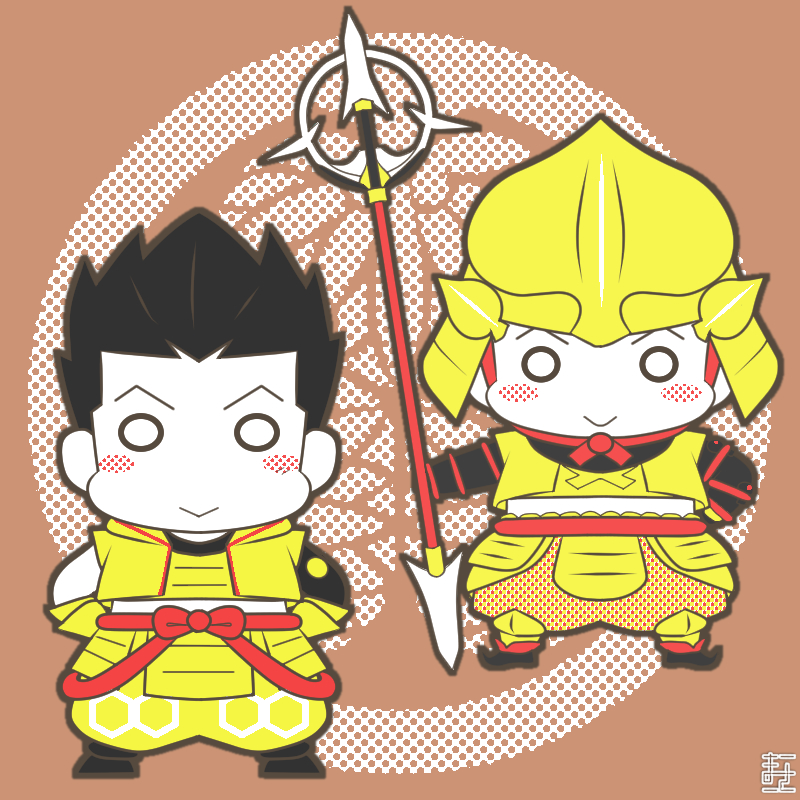 2boys, :>, age_comparison, age_progression, armor, asymmetrical_sleeves, black_hair, blush_stickers