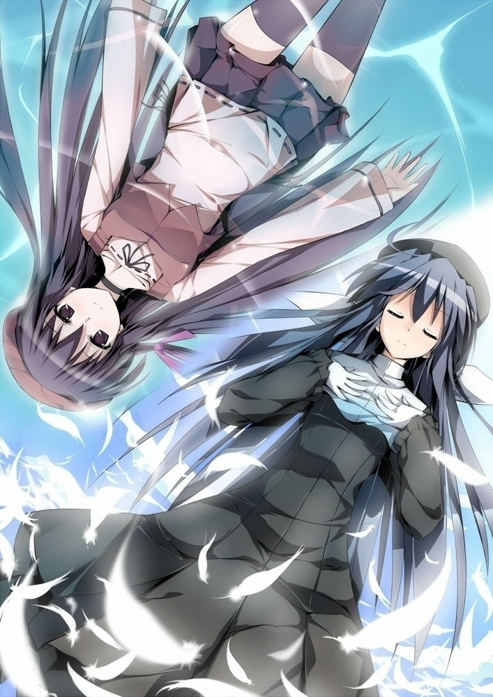 amamiya_yuuko, blue_eyes, blue_hair, creator_connection, ef, feathers, gloves, long_hair