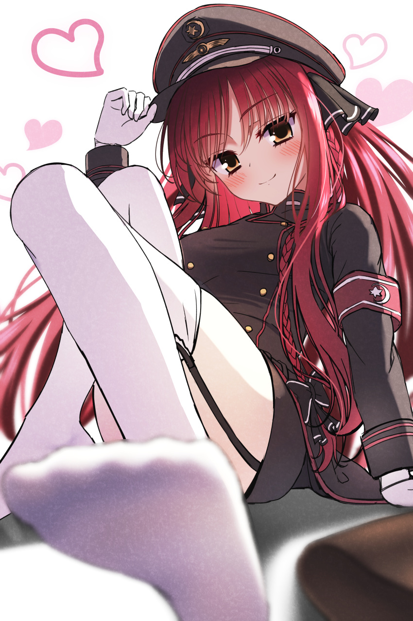 >:), 1girl, absurdres, aonoirasuto, arm_at_side, armband, black_hat, black_jacket