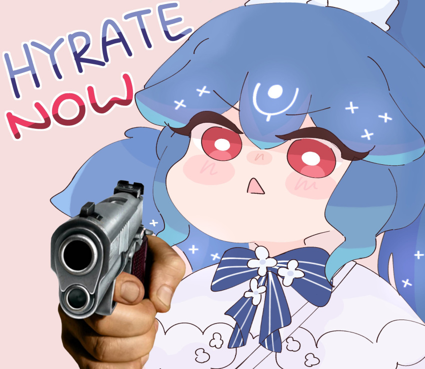 1girl, :<, bao_(vtuber), blue_bow, blue_hair, blush, blush_stickers, bow