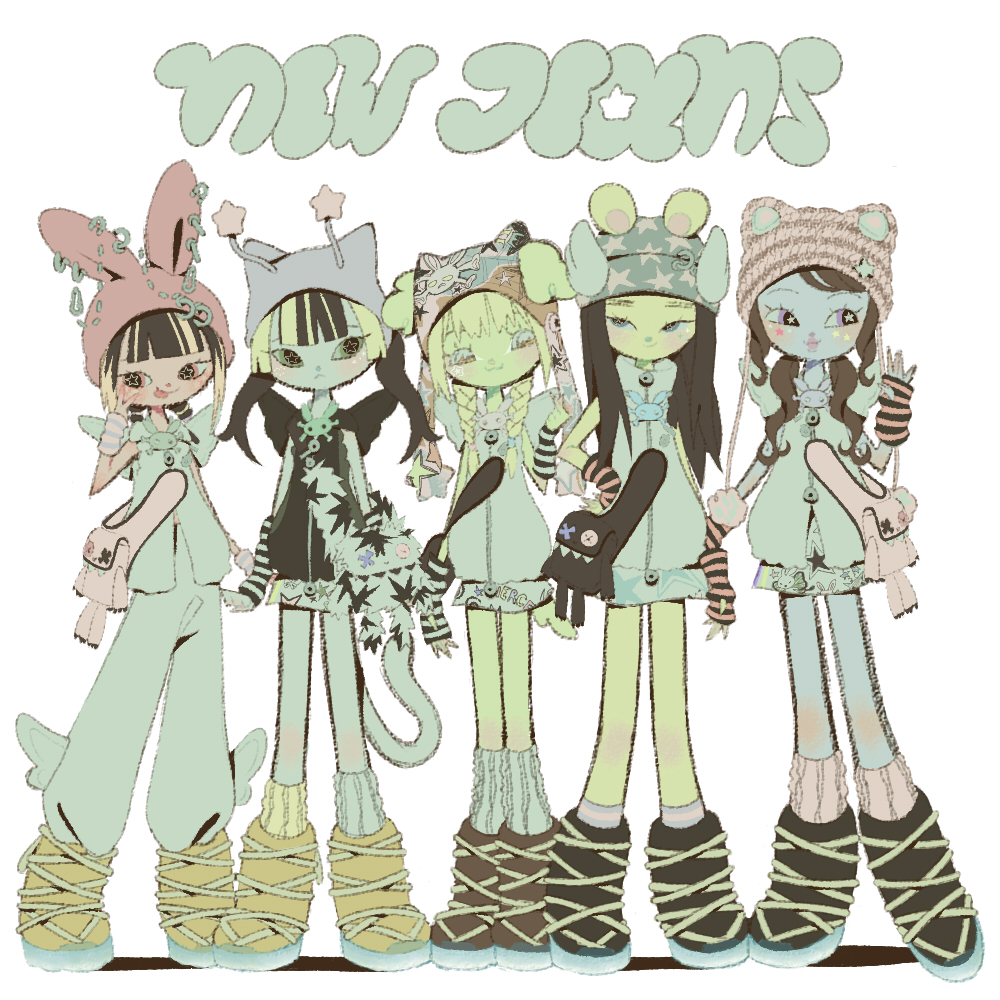 5girls, animal_ear_headwear, animal_ears, black_footwear, black_hair, black_jacket, blonde_hair, blue_fur