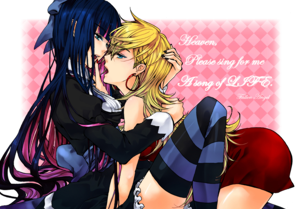 ambrosia, aqua_eyes, blonde_hair, long_hair, multicolored_hair, multiple_girls, open_mouth, panty_&amp;_stocking_with_garterbelt, panty_(character), panty_(psg), siblings, sisters, stocking_(character), stocking_(psg), striped, striped_legwear, striped_thighhighs, thigh-highs, thighhighs, two-tone_hair