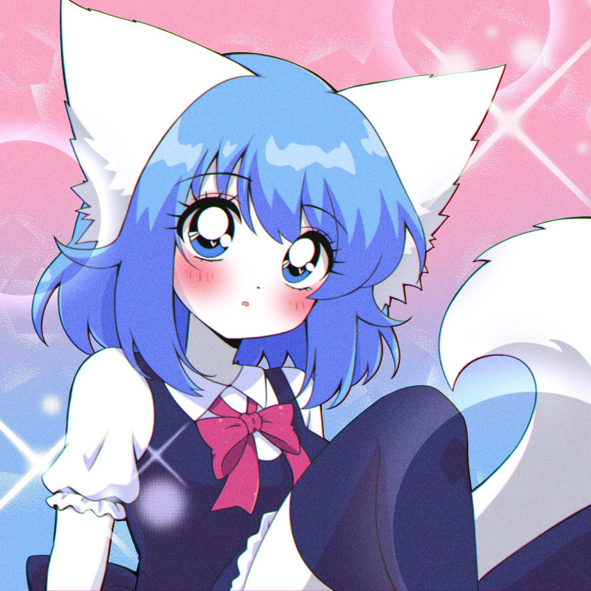 1990s_(style), 1girl, :o, animal_ears, bishie_sparkle, blue_eyes, blue_hair, colored_skin