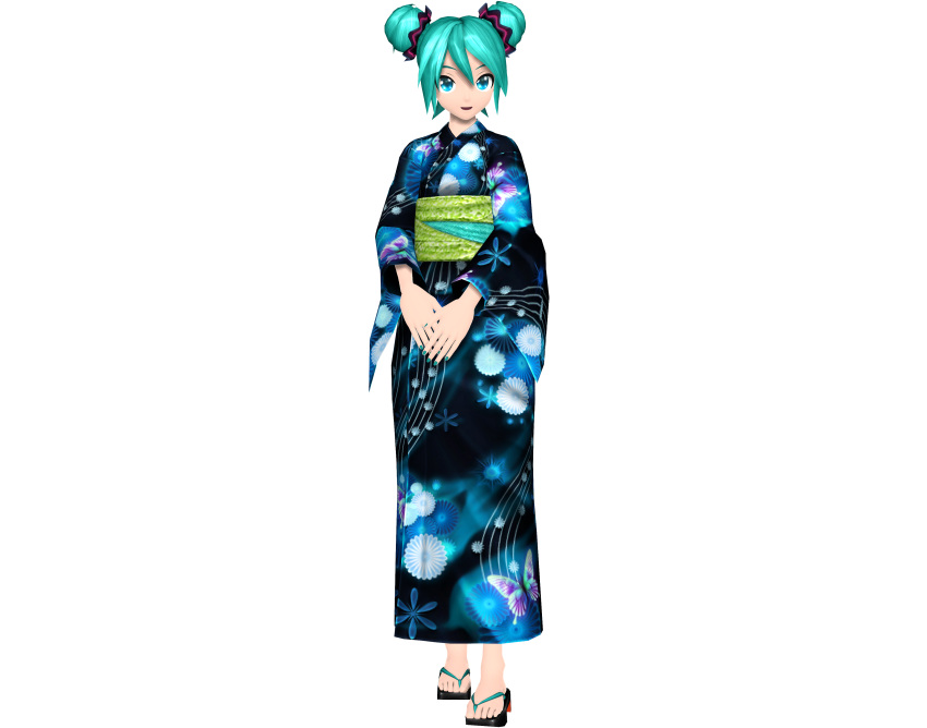 1girl, 3d, absurdres, blue_eyes, full_body, green_hair, hatsune_miku, highres, japanese_clothes, kimono, official_art, open_mouth, project_diva_(series), project_diva_future_tone_dx, skirt, smile, vocaloid, yukata