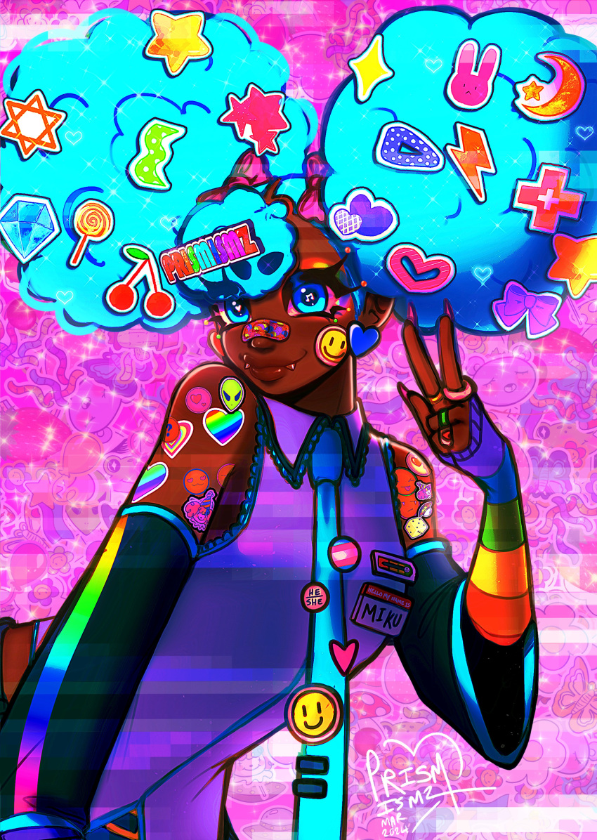 1girl, absurdres, afro_puffs, alternate_skin_color, aqua_necktie, bandaid, bandaid_on_face, bandaid_on_nose