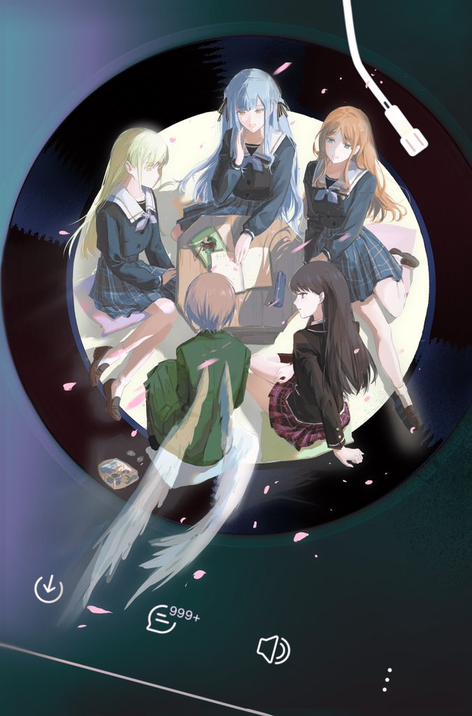 5girls, angel_wings, bang_dream!, bang_dream!_it's_mygo!!!!!, black_hair, black_jacket, black_ribbon, black_socks