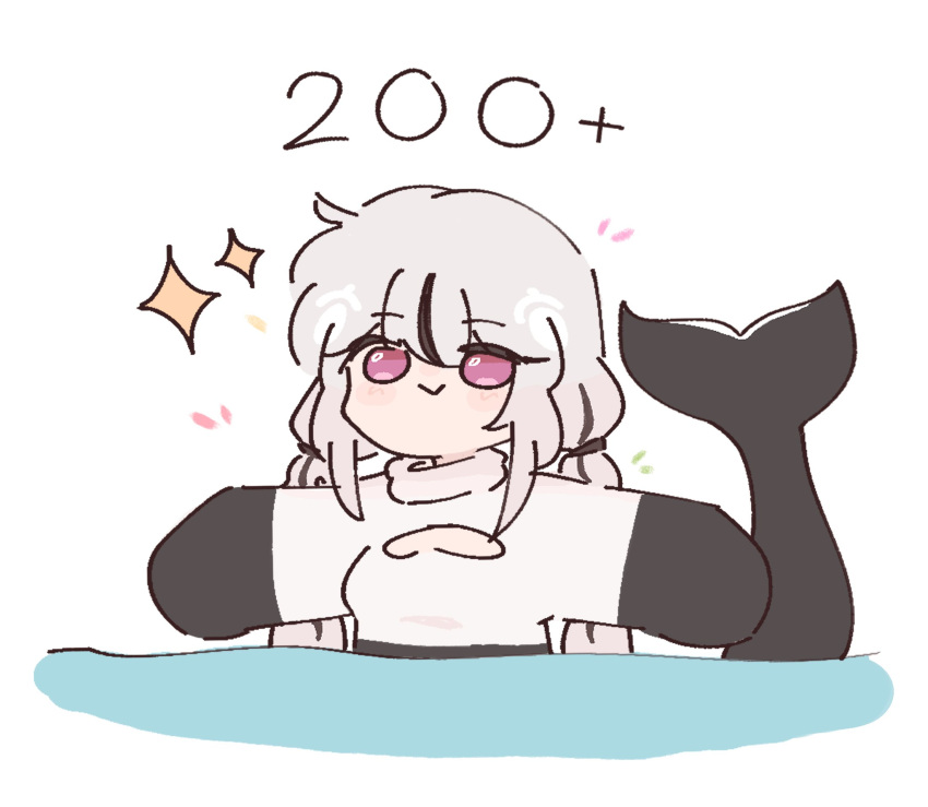 1girl, :>, artist_self-insert, black_hair, blush_stickers, cetacean_tail, chonkyorca, cleavage_cutout