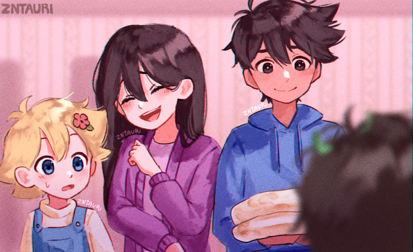 1girl, 2boys, antenna_hair, basil_(faraway)_(omori), basil_(omori), black_hair, blonde_hair, blue_eyes
