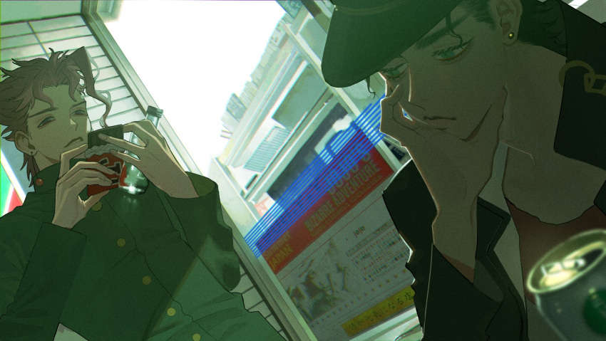 2boys, bottle, buttons, cane, chocolate, commentary_request, dutch_angle, earrings