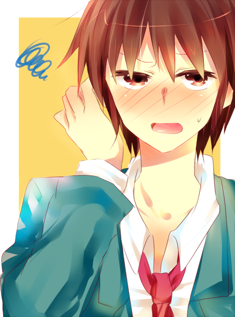 brown_eyes, brown_hair, kyon, male, school_uniform, shiroto, shiroto_iku, short_hair, suzumiya_haruhi_no_yuuutsu